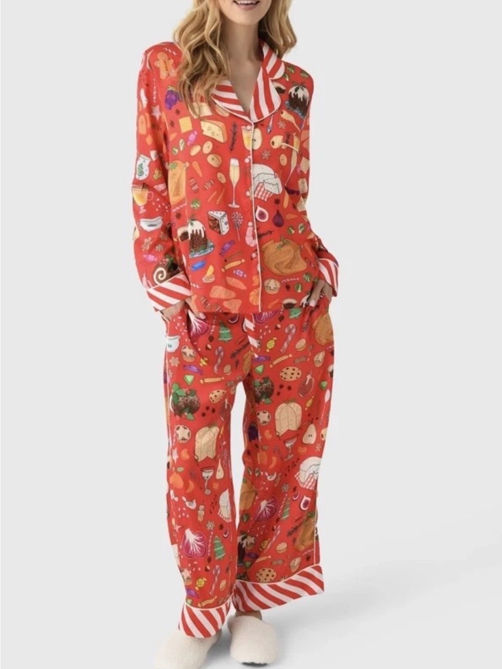 NWT Karen Mabon Holiday Feast Pajama Set Size Small S $195 Long Sleeve Satin PJs